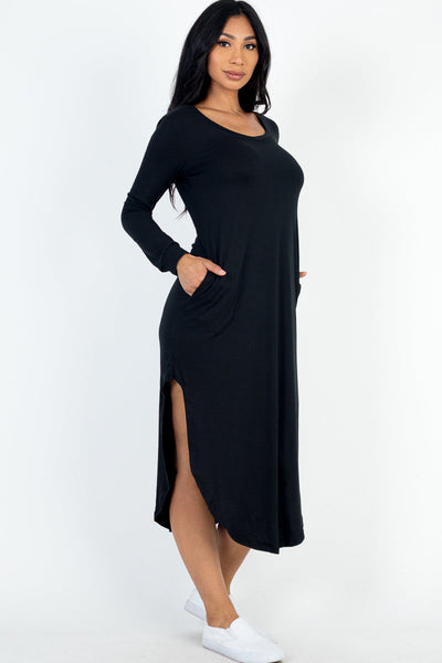 Long Sleeve Curved Hem Midi Dress - 1Caribbeanmall