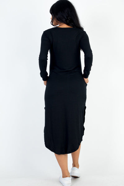 Long Sleeve Curved Hem Midi Dress - 1Caribbeanmall