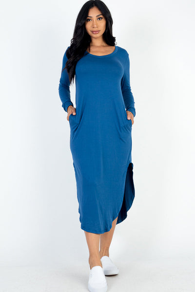 Long Sleeve Curved Hem Midi Dress - 1Caribbeanmall