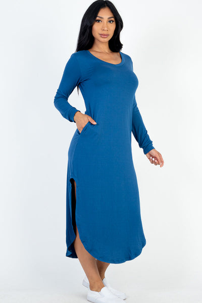 Long Sleeve Curved Hem Midi Dress - 1Caribbeanmall