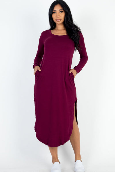 Long Sleeve Curved Hem Midi Dress - 1Caribbeanmall