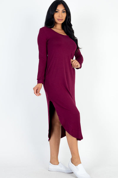 Long Sleeve Curved Hem Midi Dress - 1Caribbeanmall