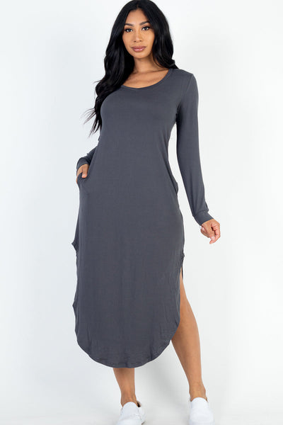 Long Sleeve Curved Hem Midi Dress - 1Caribbeanmall