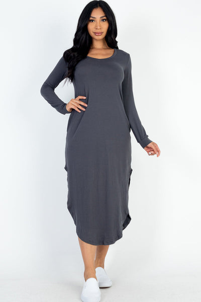 Long Sleeve Curved Hem Midi Dress - 1Caribbeanmall