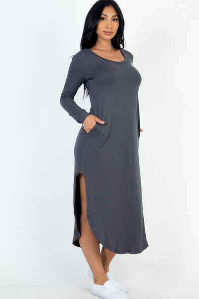 Long Sleeve Curved Hem Midi Dress - 1Caribbeanmall