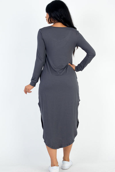 Long Sleeve Curved Hem Midi Dress - 1Caribbeanmall