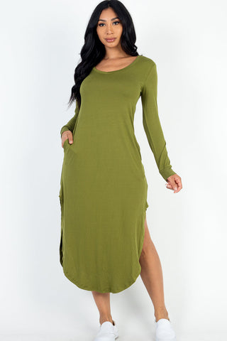 Long Sleeve Curved Hem Midi Dress - 1Caribbeanmall