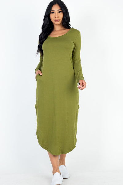 Long Sleeve Curved Hem Midi Dress - 1Caribbeanmall