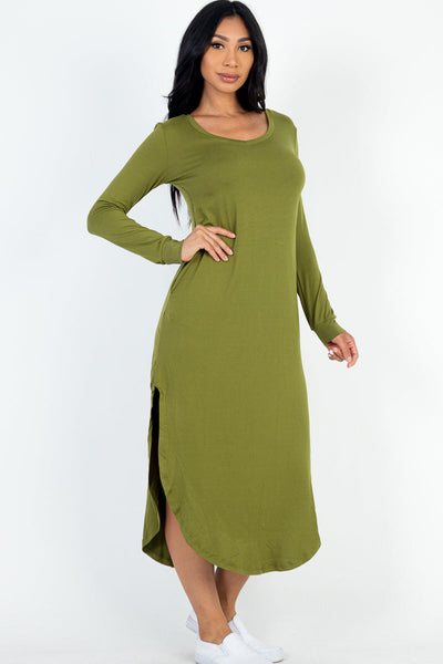 Long Sleeve Curved Hem Midi Dress - 1Caribbeanmall