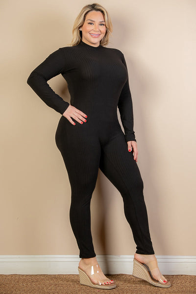 Plus Size Ribbed Mock Neck Long Sleeve Casual Jumpsuit (collective) - 1Caribbeanmall