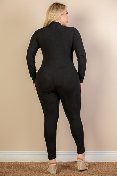 Plus Size Ribbed Mock Neck Long Sleeve Casual Jumpsuit (collective) - 1Caribbeanmall