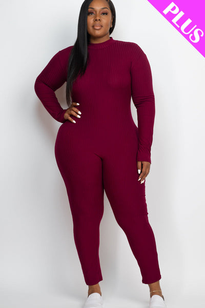 Plus Size Ribbed Mock Neck Long Sleeve Casual Jumpsuit (collective) - 1Caribbeanmall