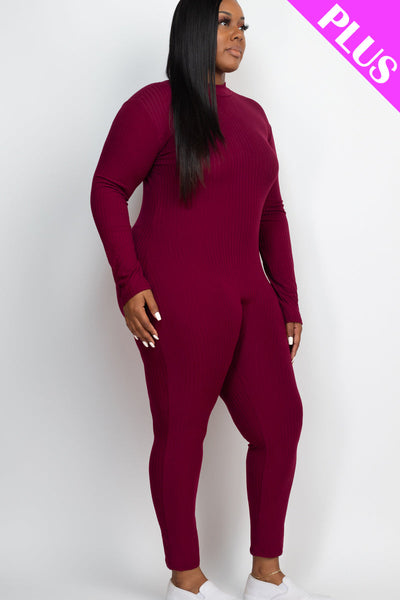 Plus Size Ribbed Mock Neck Long Sleeve Casual Jumpsuit (collective) - 1Caribbeanmall