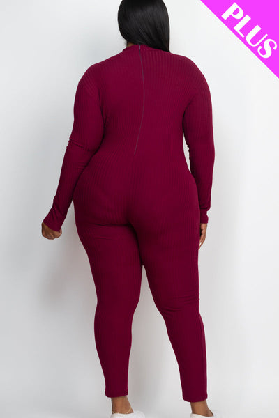 Plus Size Ribbed Mock Neck Long Sleeve Casual Jumpsuit (collective) - 1Caribbeanmall