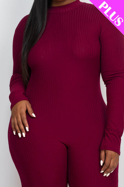 Plus Size Ribbed Mock Neck Long Sleeve Casual Jumpsuit (collective) - 1Caribbeanmall