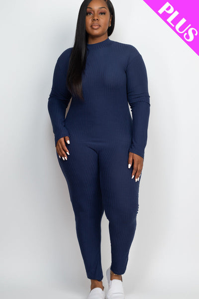 Plus Size Ribbed Mock Neck Long Sleeve Casual Jumpsuit (collective) - 1Caribbeanmall