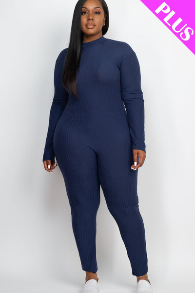 Plus Size Ribbed Mock Neck Long Sleeve Casual Jumpsuit (collective) - 1Caribbeanmall