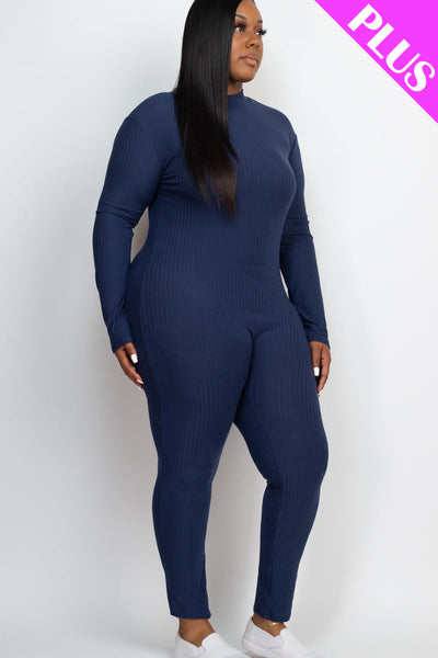 Plus Size Ribbed Mock Neck Long Sleeve Casual Jumpsuit (collective) - 1Caribbeanmall