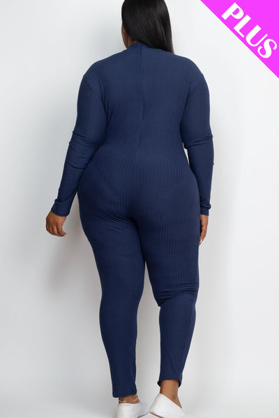 Plus Size Ribbed Mock Neck Long Sleeve Casual Jumpsuit (collective) - 1Caribbeanmall