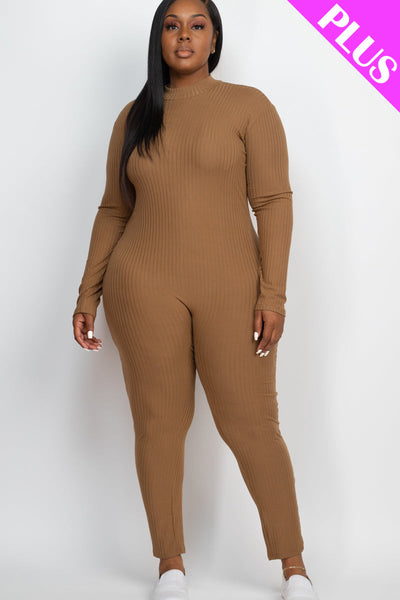 Plus Size Ribbed Mock Neck Long Sleeve Casual Jumpsuit (collective) - 1Caribbeanmall