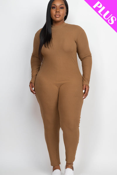 Plus Size Ribbed Mock Neck Long Sleeve Casual Jumpsuit (collective) - 1Caribbeanmall