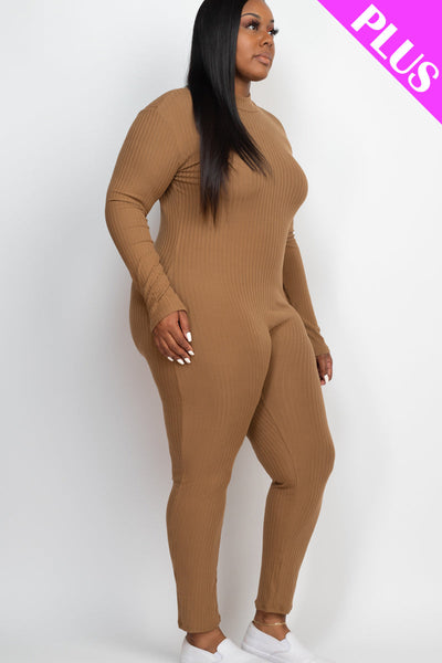 Plus Size Ribbed Mock Neck Long Sleeve Casual Jumpsuit (collective) - 1Caribbeanmall