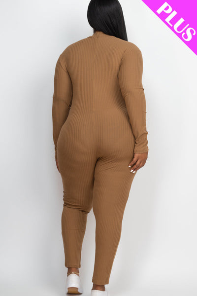 Plus Size Ribbed Mock Neck Long Sleeve Casual Jumpsuit (collective) - 1Caribbeanmall