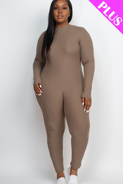 Plus Size Ribbed Mock Neck Long Sleeve Casual Jumpsuit (collective) - 1Caribbeanmall