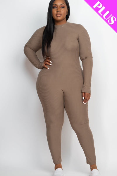 Plus Size Ribbed Mock Neck Long Sleeve Casual Jumpsuit (collective) - 1Caribbeanmall