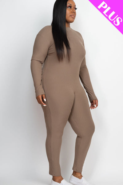 Plus Size Ribbed Mock Neck Long Sleeve Casual Jumpsuit (collective) - 1Caribbeanmall