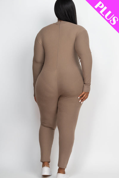 Plus Size Ribbed Mock Neck Long Sleeve Casual Jumpsuit (collective) - 1Caribbeanmall