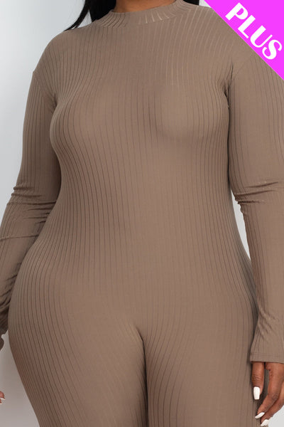 Plus Size Ribbed Mock Neck Long Sleeve Casual Jumpsuit (collective) - 1Caribbeanmall