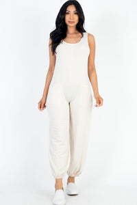 Casual Solid French Terry Sleeveless Scoop Neck Front Pocket Jumpsuit (CAPELLA) - 1Caribbeanmall