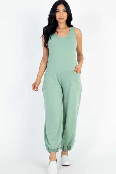 Casual Solid French Terry Sleeveless Scoop Neck Front Pocket Jumpsuit (CAPELLA) - 1Caribbeanmall
