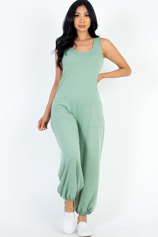 Casual Solid French Terry Sleeveless Scoop Neck Front Pocket Jumpsuit (CAPELLA) - 1Caribbeanmall