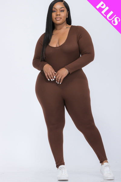 Plus Size Scoop Neck Long Sleeve Bodycon Jumpsuit (CAPELLA) - 1Caribbeanmall