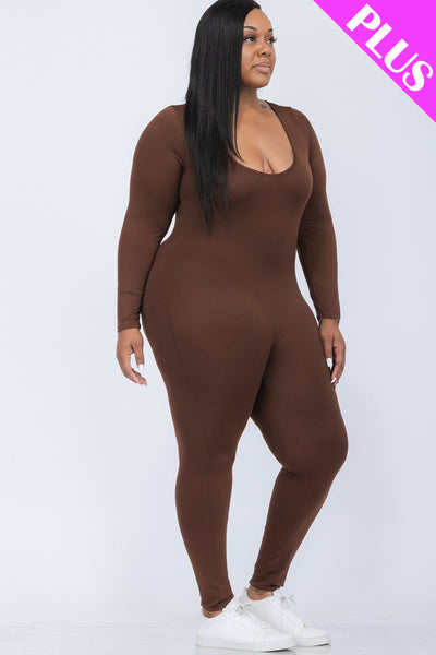 Plus Size Scoop Neck Long Sleeve Bodycon Jumpsuit (CAPELLA) - 1Caribbeanmall