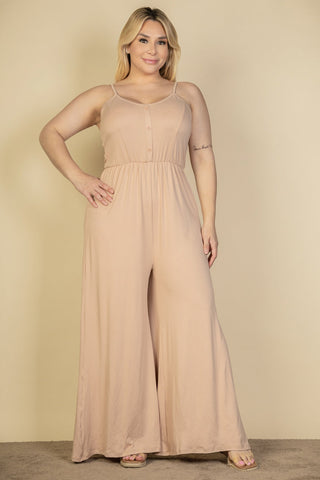 Plus Size Button Front Wide Leg Jumpsuit - 1Caribbeanmall