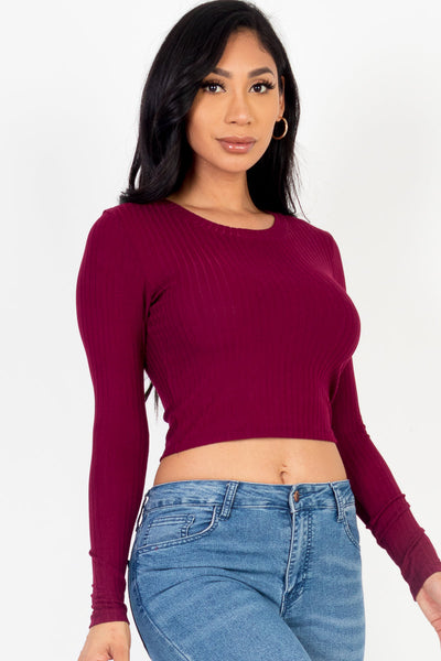 Long Sleeve Round Neck Basic Crop Top - 1Caribbeanmall