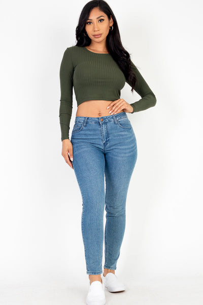Long Sleeve Round Neck Basic Crop Top - 1Caribbeanmall
