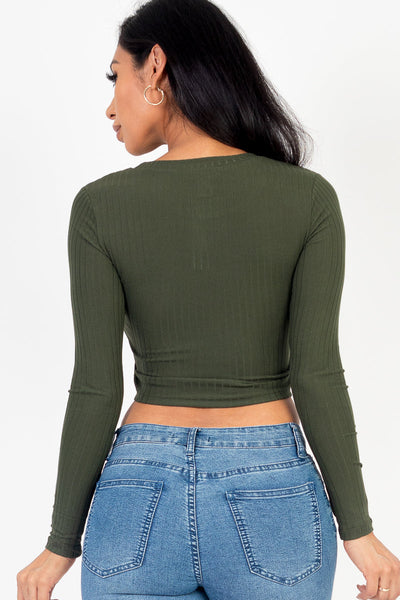 Long Sleeve Round Neck Basic Crop Top - 1Caribbeanmall