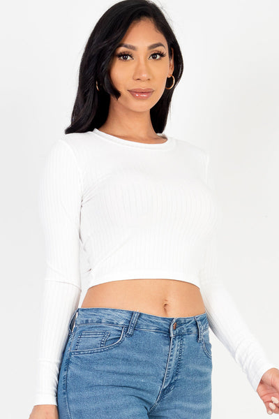 Long Sleeve Round Neck Basic Crop Top - 1Caribbeanmall