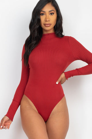 Ribbed Lettuce Edge Mock Neck Long Sleeve Bodysuit (CAPELLA) - 1Caribbeanmall