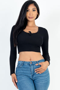 Lace Trim Long Sleeve Ribbed Crop Top - 1Caribbeanmall