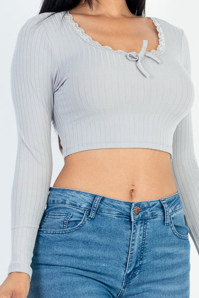 Lace Trim Long Sleeve Ribbed Crop Top - 1Caribbeanmall
