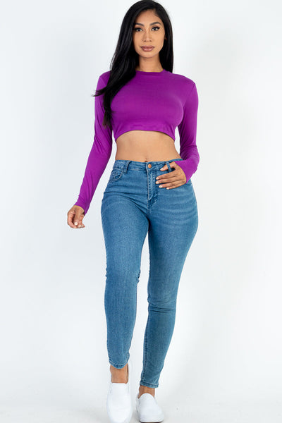 Crew Neck Long Sleeve Cropped Top - 1Caribbeanmall