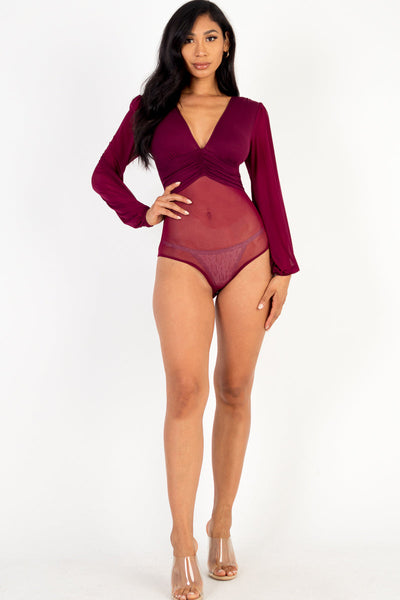 Mesh Long Sleeve Deep V-Neck Bodysuit - 1Caribbeanmall