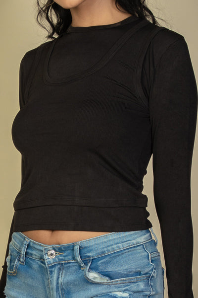 Long Sleeve Layered Rib Knit T-Shirt - 1Caribbeanmall