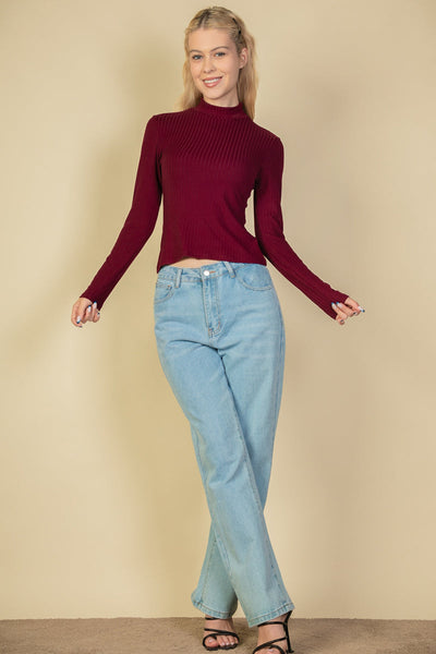 Ribbed Mock Neck Long Sleeve Top (CAPELLA) - 1Caribbeanmall