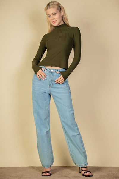 Ribbed Mock Neck Long Sleeve Top (CAPELLA) - 1Caribbeanmall